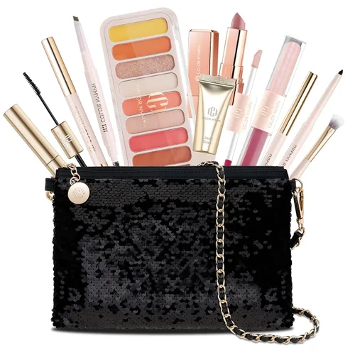 Vista 10 de Color Nymph Kit de maquillaje para mujeres, niñas, principiantes, todo en uno, con bolsa de lentejuelas, paleta de sombra de ojos de 9