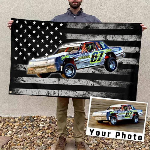 Vista 14 de Sprint Car Racing - Foto personalizada, nombre y número de carreras de bandera estadounidense a cuadros para amantes de las carreras de pista
