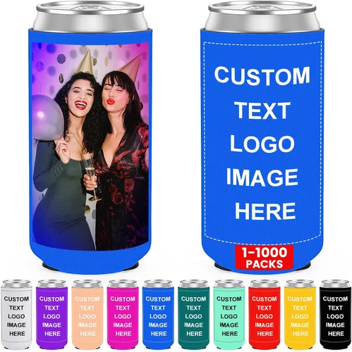 Vista 28 de Valyria Fundas enfriadoras de latas personalizadas, 1 unidad, plegable, aislante, soporte para bebidas con logotipo, imagen, texto para aniversario