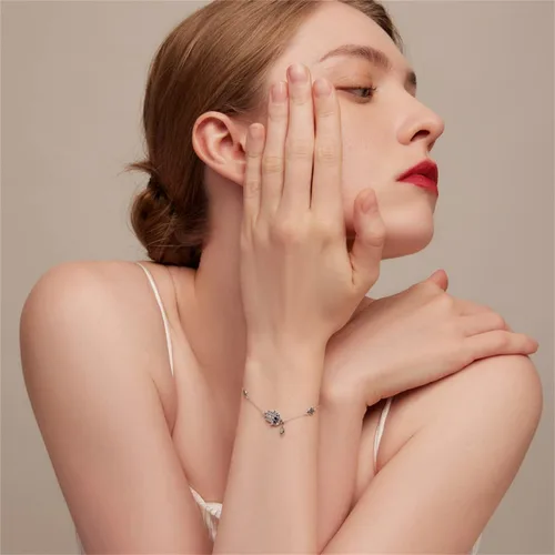 Vista 3 de BISAER Pulsera de plata de ley con cierre de dije para abalorios con piedras preciosas de zafiro, tapón de bloqueo de clip de ojo malvado