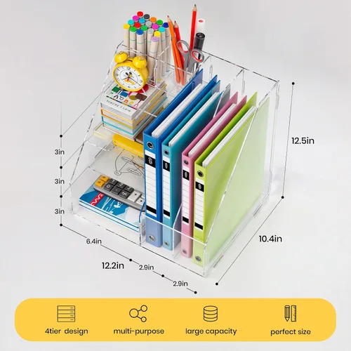 Vista 6 de BONIER Organizador de escritorio acrílico, bandeja de papel de 4 niveles y clasificador de correo, estante de revistero de 2 niveles, almacenamiento