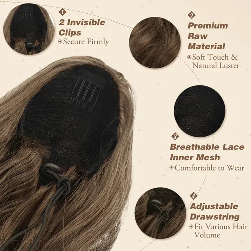 Vista 4 de BARSDAR Cola de caballo corta ondulada con cordón, extensiones de cabello sintético de 16 pulgadas con clip, mezcla de marrón ceniza