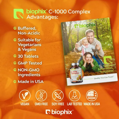 Vista 3 de biophix Vitamina C-1000 mg 30 tabletas Complejo - Vegano con calcio cítrico Bioflavonoides Acerola Rutina - Apoya la salud inmunológica