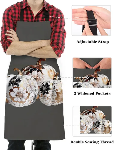 Vista 3 de Delantal con peto de otoño de Acción de Gracias con bolsillos, impermeable, delantal ajustable para hombres y mujeres, cosecha de calabaza, floral