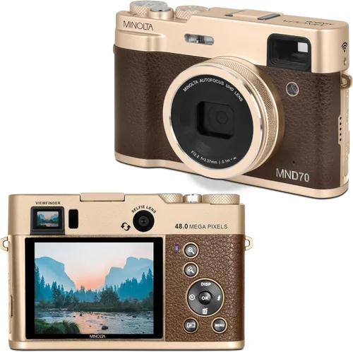 Vista 11 de Minolta Cámara digital retro – Compacta de 48MP con enfoque automático, video ultra HD de 5K, lente selfie trasera, zoom 16x, WiFi, pantalla LCD
