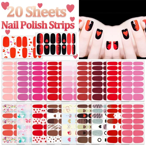 Vista 2 de 20 hojas de calcomanías de esmalte de uñas de color sólido rojo, calcomanías de esmalte de uñas para el día de San Valentín para mujeres, tiras