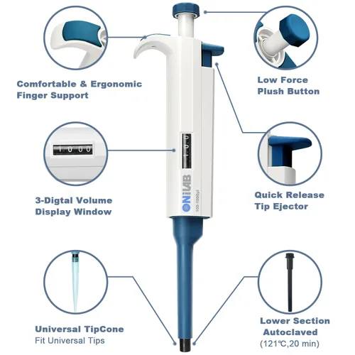 Vista 2 de ONiLAB Pipetas de un solo canal con volumen ajustable (micropipetas, 0,1-2,5μl (7010101001))