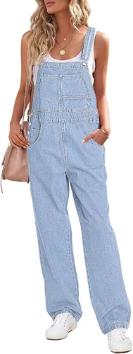 Vista 15 de luvamia Overol de mezclilla para mujer, ajuste holgado, con pechera, recto, pierna ancha, elásticos, pantalones de mezclilla a la moda A1 Puerto