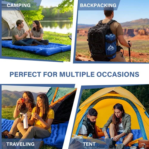 Vista 7 de FUN PAC Almohadilla de dormir para acampar con almohada Bomba de pie incorporada Esterilla de dormir inflable compacta para acampar mochilero Azul