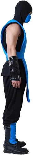 Vista 3 de miccostumes Disfraz de Halloween Shotokan Ninja Blue Fighter para hombre, Azul Patchwork