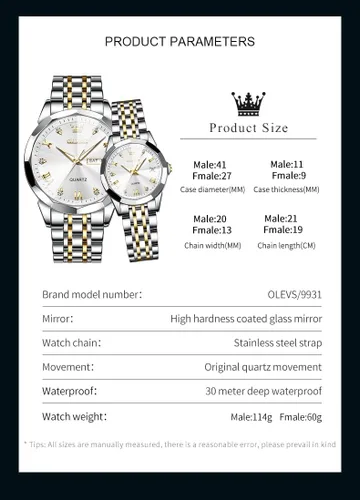 Vista 5 de OLEVS Juego de 2 relojes de cuarzo para parejas de San Valentín, calendario luminoso, ventana de fecha, 3 ATM, impermeable, casual, acero
