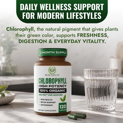 Vista 3 de Benevolent - Cápsulas de clorofila de 350 mg - 100% natural + ultra clorofila concentración de potencia 20x para impulso de energía, apoyo