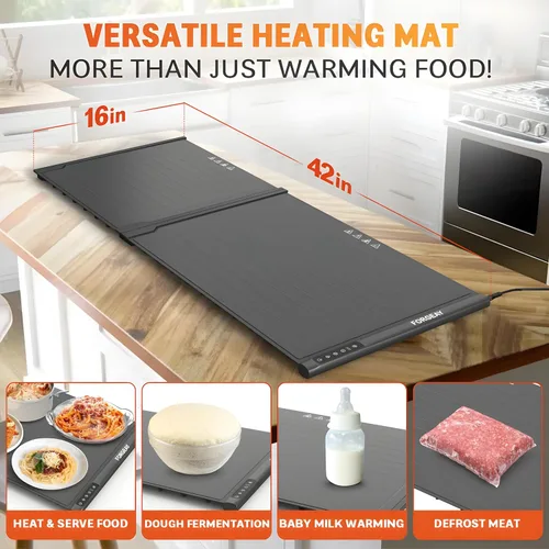 Vista 3 de Tapete XXL de calentamiento de alimentos para encimera de 42 x 16 pulgadas, bandejas de calentamiento eléctricas para bufés de fiesta, tapete