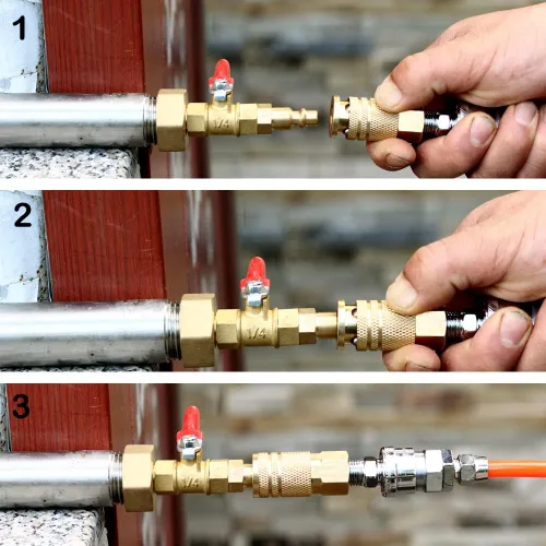 Vista 4 de Adaptador de Purga de Invierno para RV con Enchufe de Conexión Rápida de 1/4" y Rosca de Manguera de Agua de Jardín de 3/4" para Barco Cámper