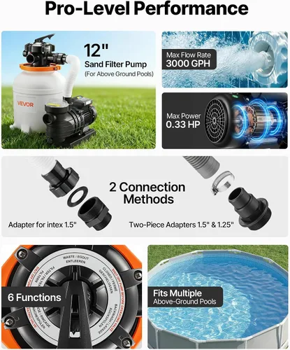 Vista 3 de VEVOR Bomba de filtro de arena de 12 pulgadas para piscinas sobre el suelo de hasta 15000 galones, sistema de filtración de piscina de 0.33 HP 3000