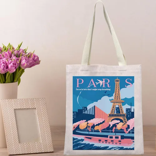 Vista 6 de BWWKTOP Bolsa de lona de París, regalo de viaje de París y bolsa de comestibles reutilizable