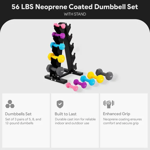 Vista 3 de BalanceFrom Neoprene Coated Iron Dumbbell Hex Weights Set with Stand – Color-Coded or Black Options with Non-Slip Grip for Strength Training