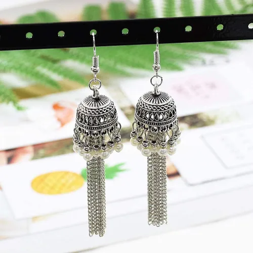 Vista 8 de Juego de 6 pares de aretes colgantes étnicos indios Jhumka Jhumki para mujer, vintage, plata y oro, largos con borlas, aretes de campana, joyería