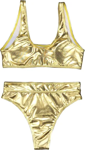 Vista 3 de YAUASOPA Sexy líquido metálico brillo dos piezas push up traje de baño femenino brillante sólido corte alto ropa de playa