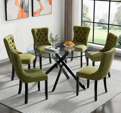 Vista 62 de Juego de mesa de comedor SSLine moderno de 3 piezas con mesa redonda de vidrio para 2, lujosa mesa de comedor circular de 36" con tapa de vidrio