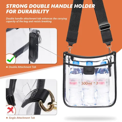 Vista 3 de Bolsa transparente grande de 3 bolsillos para eventos de estadio con 2 correas largas para mujer, bolsa cruzada para conciertos, aprobado