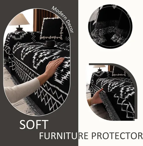 Vista 7 de VClife funda boho de sofá de felpilla para sofá seccional, funda antideslizante para sofá de 2 plazas, protector para mascotas con borlas, funda