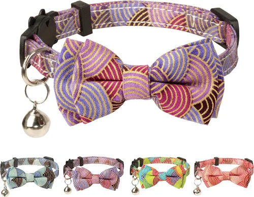 Vista 19 de Collar de gato Campana pajarita de seguridad para gatito, flor separable, Kimino Sakura, pastel, patrón de dibujos animados, gatito, niño, niña