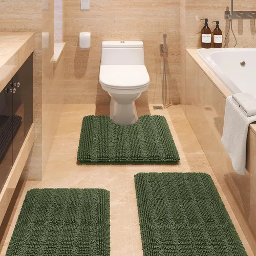 Vista 87 de ACCUMTEK - Juego de alfombras de baño a rayas beige de 3 piezas, ultrasuaves, antideslizantes de chenilla, alfombras de baño mullidas y absorbentes
