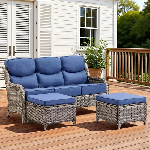 Vista 24 de Sofá de lujo para patio al aire libre, sofá de mimbre resistente para todo tipo de clima, sofá de 3 plazas con asiento profundo y funda extraíble