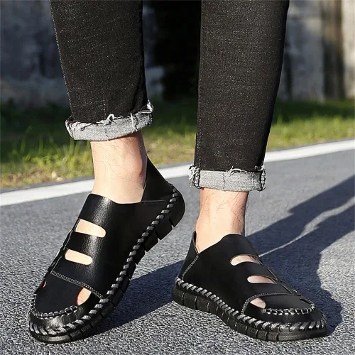 Vista 3 de Sandalias de cuero para hombre, sandalias de senderismo para playa, zapatos cómodos de verano, zapatos de senderismo, deportes al aire libre