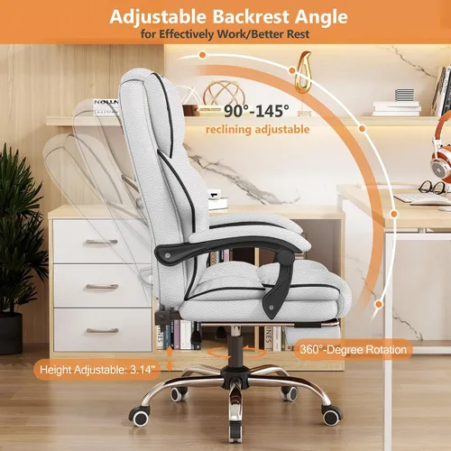 Vista 3 de Silla ejecutiva de oficina con respaldo alto, sillas de juegos para computadora, escritorio de cuero con reposapiés, trabajo ergonómico grande y Gris