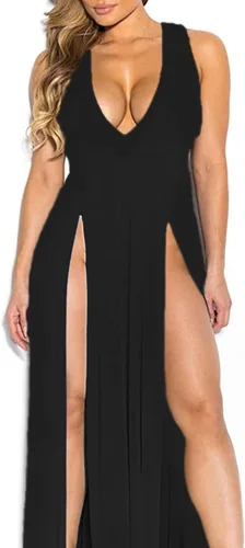 Vista 3 de Vestido largo maxi sin mangas con cuello en V para mujer ajustado