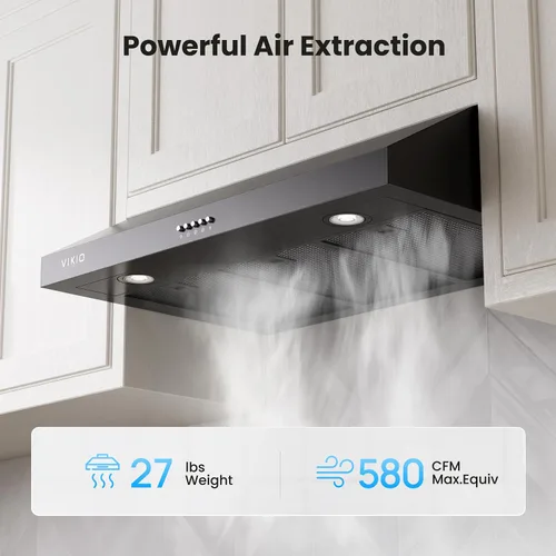 Vista 5 de VIKIO HOME Campana extractora para debajo del gabinete de 30 pulgadas, ventilación de cocina de doble motor de 580 CFM con luces LED, control