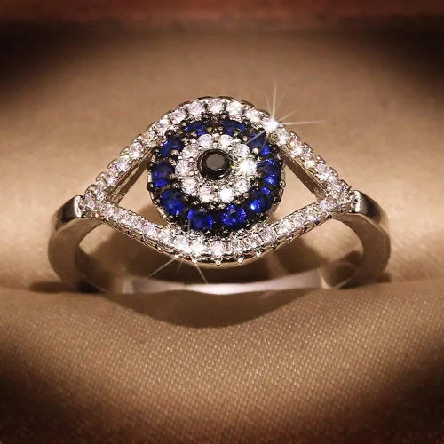 Vista 4 de Anillos de circonita cúbica de ojo turco azul para mujeres, hombres y niñas, chapado en plata esterlina, grueso, apilable, cola media, elegante
