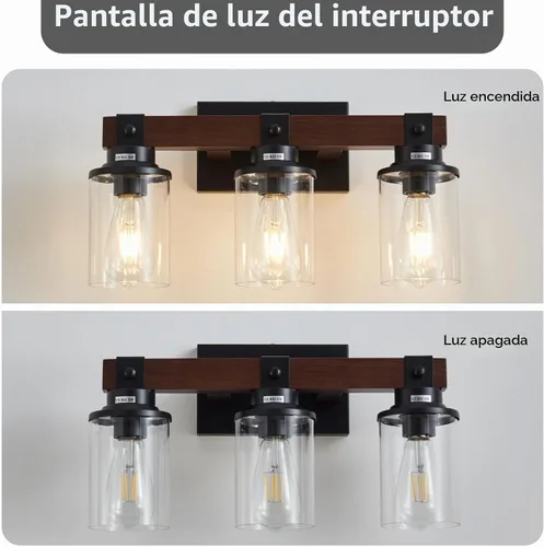 Vista 3 de Lámpara de tocador de madera de granja para baño, 3 luces de baño sobre espejo, apliques de pared rústicos con pantalla de metal para baño