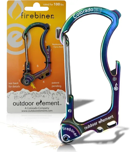 Vista 18 de OUTDOOR ELEMENT Firebiner Custom Engraved 6-in-1 Fire Starter Carabiner Multitool – Survival Gear EDC Keychain with Utility Blade, Bottle Opener