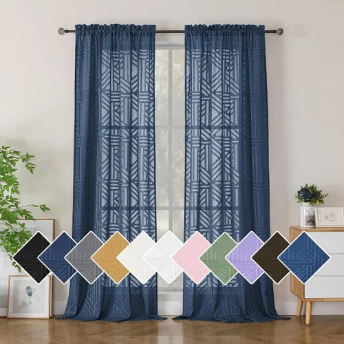 Vista 52 de Simplebrand Cortinas traslúcidas negras de cocina de 24 pulgadas de largo, 2 paneles, filtrado de luz, geométrico jacquard con textura, cortinas