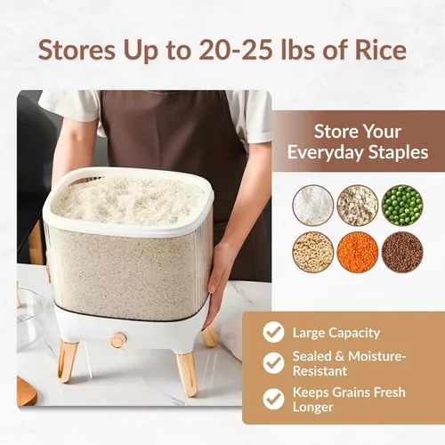 Vista 3 de FromUS2U - Recipiente de arroz, dispensador hermético de granos de 25 libras, dispensador de cereales grande para cocina, contenedor de alimentos