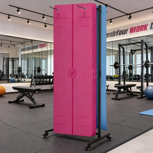 Vista 2 de Soporte para colchoneta de yoga colgante, carrito de almacenamiento de metal de doble cara sobre ruedas, estante para pilates de pie para gimnasio