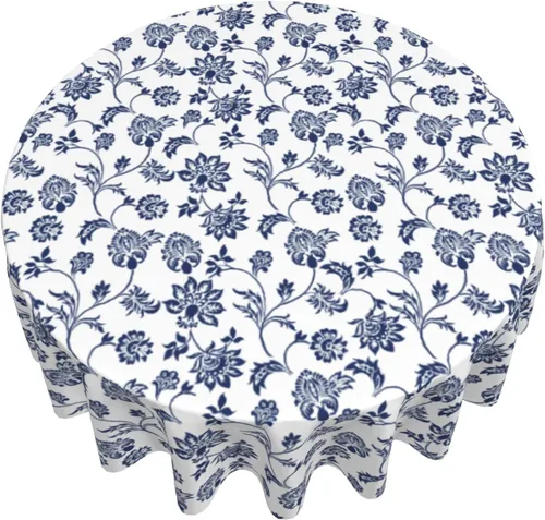 Vista 2 de Cafl Mantel redondo de flores indias azules, impermeables, para bodas, fiestas, comedor, banquetes de vacaciones
