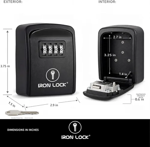 Vista 4 de Iron Lock® - Caja de bloqueo de llave pequeña para montaje en pared con código, para exteriores (negro) 10,000 resettable combos, no app or dead