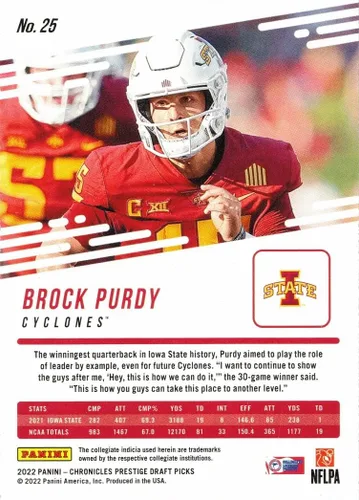 Vista 2 de Panini Chronicles Draft Picks Prestige Football #25 Brock Purdy - Tarjeta de novato 2022