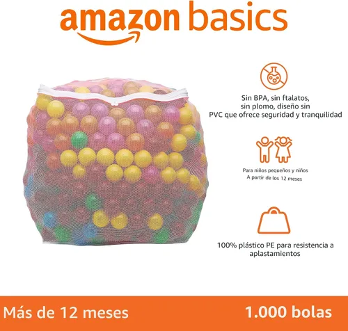 Vista 2 de Amazon Basics - Bolas de plástico para piscinas sin BPA con bolsa de almacenamiento, 1000 bolas (2.3 pulgadas de diámetro), colores brillantes