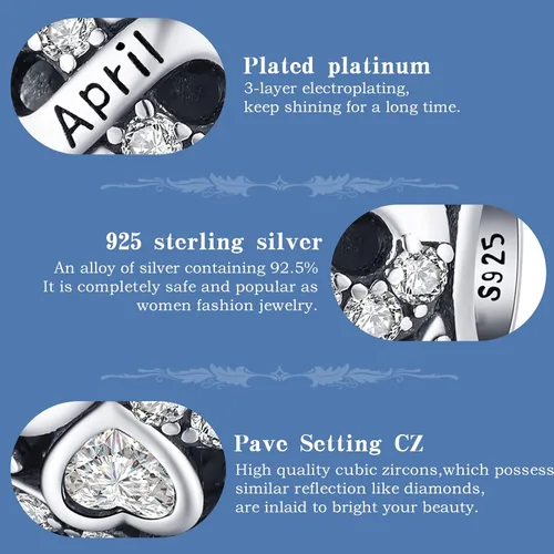 Vista 3 de Cuentas de plata de ley 925 con dije de piedra natal para pulseras y collares, regalos de cumpleaños para mujeres y niñas.