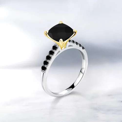 Vista 4 de Gem Stone King Anillo de oro blanco de 10 quilates con forma de tablero de ajedrez de 244 quilates con forma de ónix negro y diamantes negros