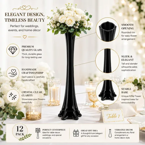 Vista 3 de pack de 12, jarrones de la Torre Eiffel para centro de mesa, flores, bodas, decoración. (40,6 cm, negro)
