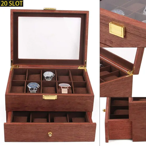 Vista 6 de Caja de reloj con 20 ranuras para reloj, 2 capas, con tapa superior de acrílico, organizador de relojes para hombres y mujeres, palo de rosa