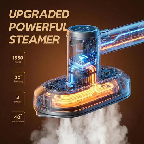 Vista 6 de Vaporizador 2 en 1 para ropa: potente vaporizador de 1550 W con tanque desmontable de 37.2 fl oz, calentamiento rápido de 30 segundos, uso