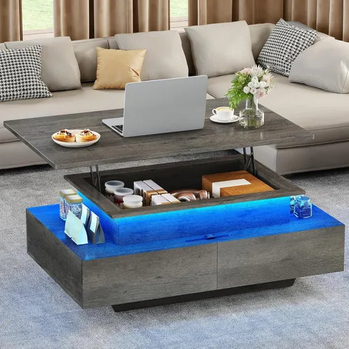 Vista 11 de YITAHOME - Mesa de café LED con almacenamiento, mesas de café LED de alto brillo para sala de estar, mesa de café negra moderna rectangular, mesa