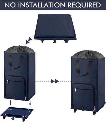 Vista 6 de Bukere Cesta de lavandería grande con ruedas, 4 ruedas y 2 asas, bolsa de lavandería con ruedas plegable independiente para ropa, apartamento Azul